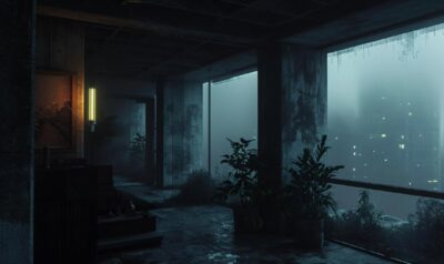 noir majestic view of an inside a penthouse apartment with a grand view, in a dy...