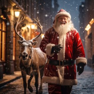 Santa claus laughing red clothes and cute reindeer with gifts walking Budabest o...