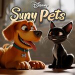 3D logo, dog and cat, Words "Sunny Pets", white and caramel mixed breed dog, bla...