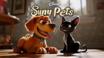 3D logo, dog and cat, Words "Sunny Pets", white and caramel mixed breed dog, bla...