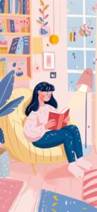 pink and blue pastel colors, minimal details, happy tempera gouache, a girl read...