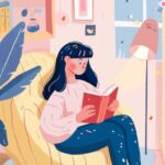 pink and blue pastel colors, minimal details, happy tempera gouache, a girl read...