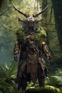 Photo composite unreal engine 5 cgi tribal warforged with long poncho and clothe...