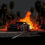 8 bit pixel art: a black lamborghini hurracan car accident get burning in the ro...