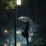 A girl standing under a streetlamp at night, holding a transparent umbrella. Rai...