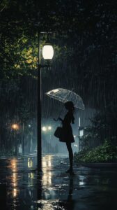 A girl standing under a streetlamp at night, holding a transparent umbrella. Rai...