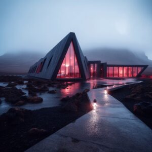 A red glass and black metal hotel with a modern design integrated in the middle ...