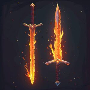 A fantasy sword with two twin blades, the left blade is broken and it has only t...