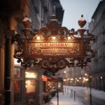 an ornate wooden sign, european, switzerland with christmas lights around the ed...