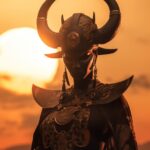 Anonymous fashion, royal, warrior, man, silouette against the harvest moon, zeph...