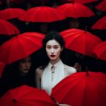A girl in white stand in a crowd of people with red umbrellas from back, in the ...