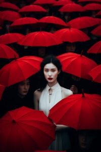 A girl in white stand in a crowd of people with red umbrellas from back, in the ...