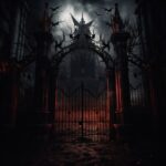 Metal gates of a gothic castle with a bat, dark atmosphere, vampire feeling, dar...