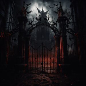 Metal gates of a gothic castle with a bat, dark atmosphere, vampire feeling, dar...