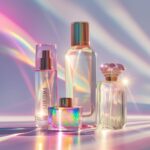 Photograph of a high-end cosmetic product collection against a clean, simple bac...