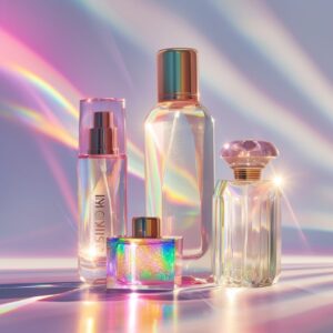 Photograph of a high-end cosmetic product collection against a clean, simple bac...