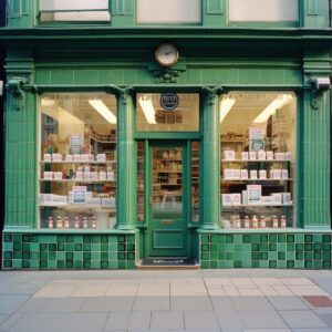 Storefront of a shop selling soap bars in 80s london city, nice building with gr...