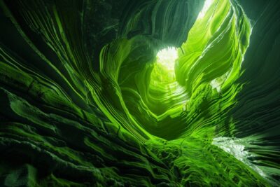 Bright lime green cave with electrifying, vibrant undulations. 32k, full ultra H...
