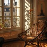 A chair made of thick branches inspired by art nouveau, black and brown living r...