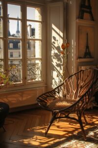 A chair made of thick branches inspired by art nouveau, black and brown living r...
