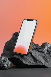 front side view of floating iphone 14 pro max with empty white screen, stands wi...