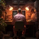 Without hair a bald guy sits on a chair in front of a computer, photo from behin...