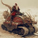 santa claus riding a dragon on a top of a tank, in the style of futurist mechani...