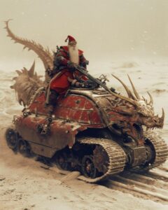 santa claus riding a dragon on a top of a tank, in the style of futurist mechani...