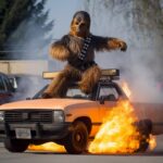 Chewbacca skateboarding over a burning police car --v 5by drewbean...