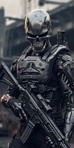 Tactical android with a gun wallpaper, in the style of anton semenov, rtx, nikon...