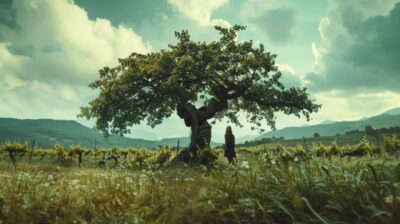 A photo of a woman under the largest Grapevine in the World, In the midst of the...