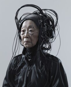 an old Asian woman in black with a futuretech sandblasted face shield on her hea...
