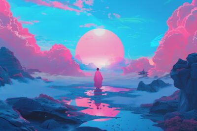 Illustrations, the overall color Macron pink sky blue, a large area of white spa...