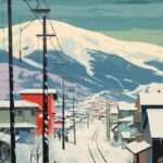 Tatsuro Kiuchi style,Winter,it's snowing,snow-capped mountains,Illustrated magaz...