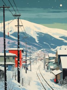 Tatsuro Kiuchi style,Winter,it's snowing,snow-capped mountains,Illustrated magaz...