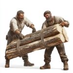 In the 19th century, russian lumber wooden workers in action poses | close view,...