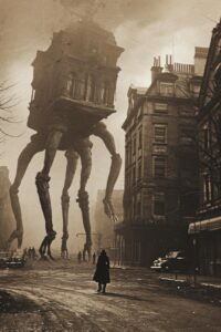 a building comes to life and starts to grow huge legs and stand up in a Victoria...