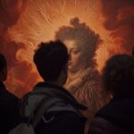Photo of spectators in a museum in front of an extreme close-up of an antique ba...
