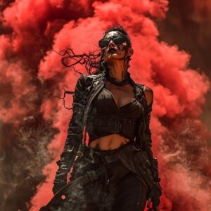 Meg turney as a Female mad max character. Queen of Darkness aura. red and black ...