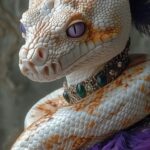 Half-length photograph of an anthropomorphic white and gold python, female, side...