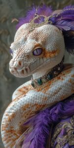 Half-length photograph of an anthropomorphic white and gold python, female, side...