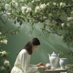 A lovely Chinese girlunder anuge tea tree, garden, bigger white camellia, flowel...