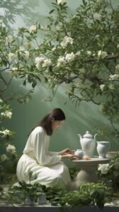 A lovely Chinese girlunder anuge tea tree, garden, bigger white camellia, flowel...
