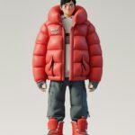 Asian illustration, a 35-year-old male, wearing thick red winter clothes, with a...