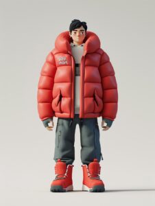 Asian illustration, a 35-year-old male, wearing thick red winter clothes, with a...