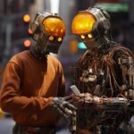 2 rusty semi - broken robots, roadworkers in a busy street, mine worker helmet w...