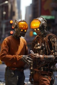 2 rusty semi - broken robots, roadworkers in a busy street, mine worker helmet w...