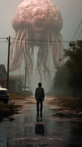 Hallucination in sthe style of Stranger Things Mind Flayer huge monster, 1999 ::...
