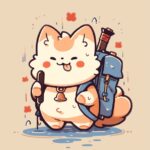 Cute cat carrying a bag on its side holding a cane logo line graphic design styl...