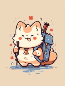 Cute cat carrying a bag on its side holding a cane logo line graphic design styl...